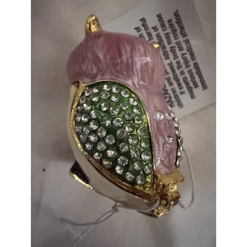 Owl Trinket Box Jeweled Purple Green Hinged Keepsake Box w/ Tag